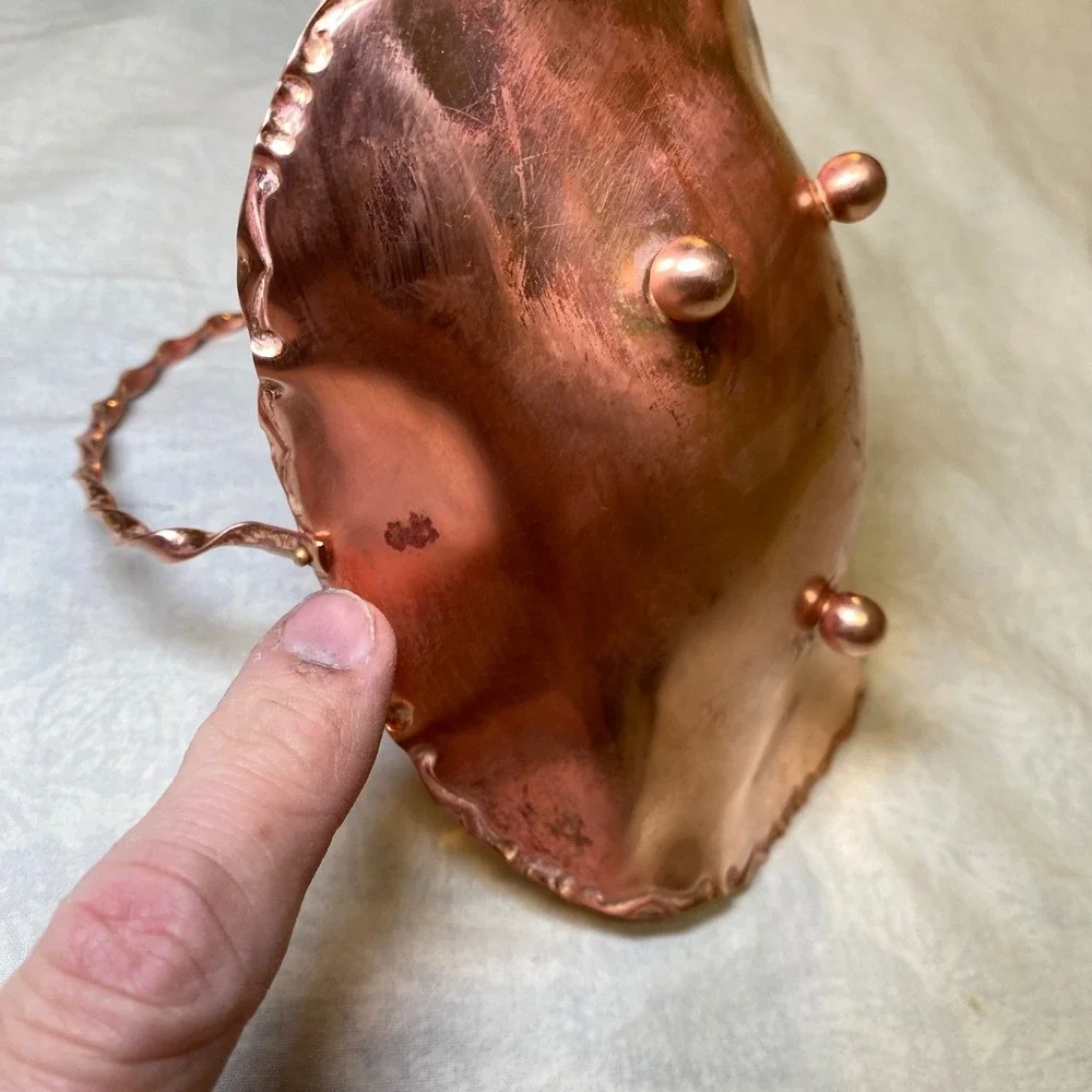 Vintage 1950s Copper Footed Basket Twisted‎ Handle Ruffled Edge Candy Dish